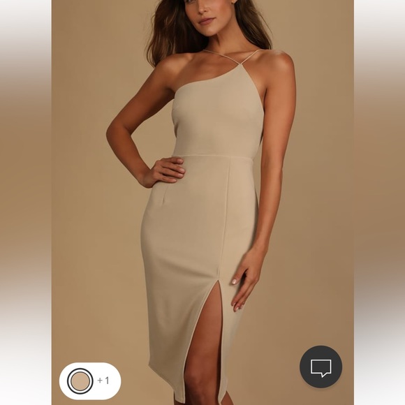 Lulu’s 
Happiest Hour Beige Asymmetrical Bodycon Midi Dress - Picture 2 of 4